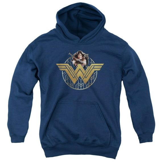 Trevco Sportswear WWM100-YFTH-3 Wonder Woman Movie Power Stance & Emblem Youth Hooded Sweatshirt, Navy - Large