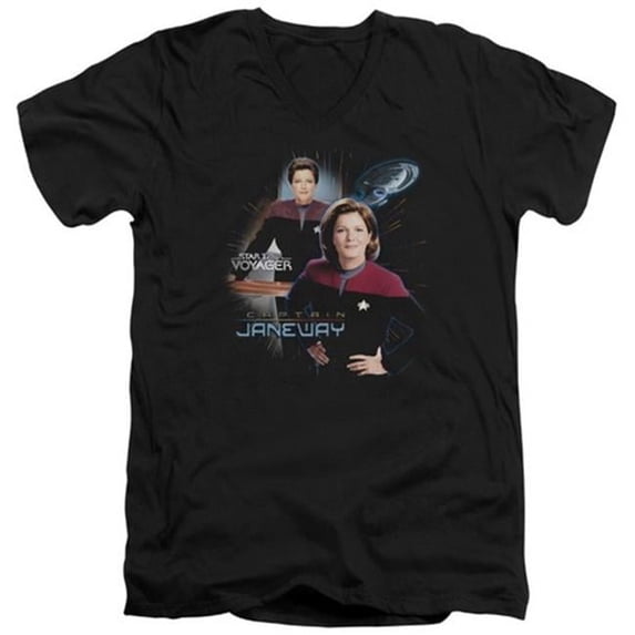 Trevco Star Trek-Captain Janeway - Short Sleeve Adult 30-1 V-Neck Tee - Black- Large