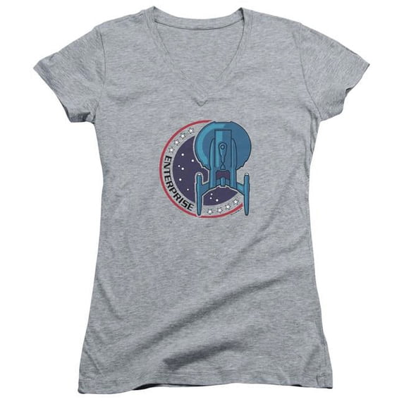 Trevco Star Trek & Enterprise Patch Juniors V-Neck Sheer Jersery with Cap Sleeve, Athletic Heather - Small