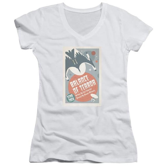 Trevco Star Trek & TOS Episode 14 Juniors V-Neck Sheer Jersery with Cap Sleeve, White - Extra Large