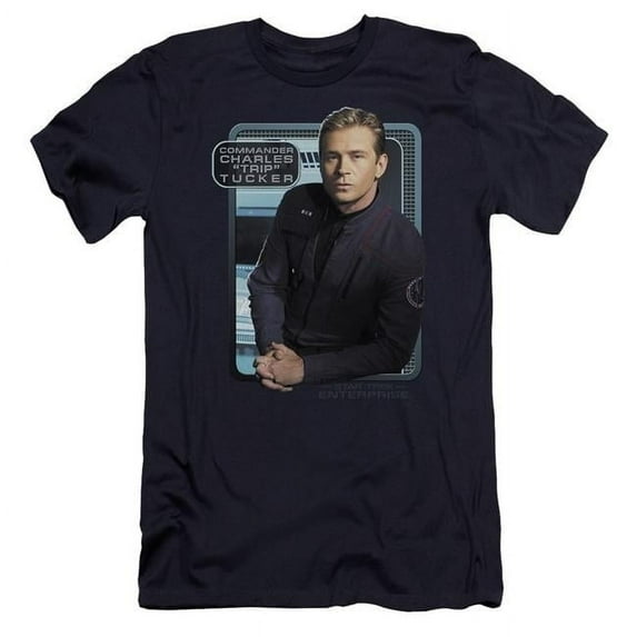 Trevco CBS576-PSF-1 Star Trek & Trip Tucker Premium Canvas Adult Cotton Slim Fit 30-1 T-Shirt, Navy - Small