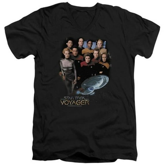 Trevco Star Trek-Voyager Crew - Short Sleeve Adult 30-1 V-Neck Tee - Black- Large