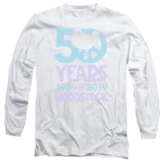Trevco WOOD145-AL-1 Woodstock 50 Simple Print Adult 18 by 1 Long Sleeve T-Shirt, White - Small