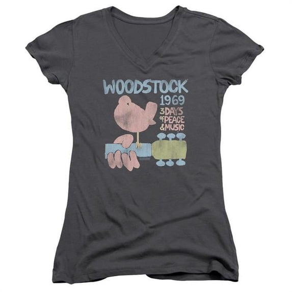 Trevco WOOD156-JV-5 Woodstock 50 Years Dove Print Juniors Sheer Cap Sleeve V-Neck T-Shirt, Charcoal - 2X