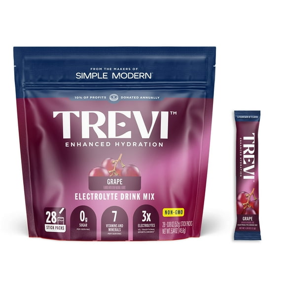 Trevi Sugar Free Electrolytes - Drink Mix Hydration Powder Packets - 28 Count - Grape