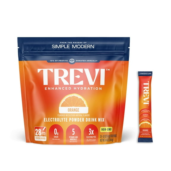 Trevi Sugar Free Electrolytes - Drink Mix Hydration Powder Packets - 28 Count - Orange