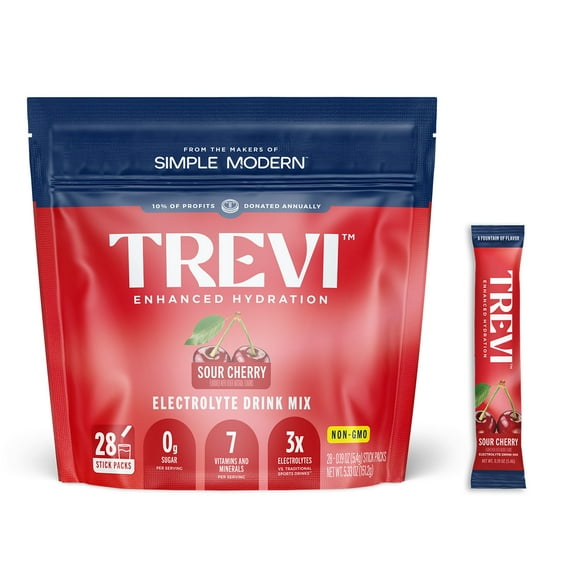 Trevi Sugar Free Electrolytes - Drink Mix Hydration Powder Packets - 28 Count - Sour Cherry