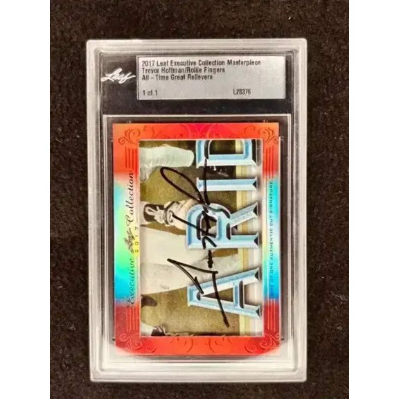 Trevor Hoffman and Rollie Fingers Signed San Diego Padres 2017 Leaf Executive Collection Masterpiece Dual Cut Signature Card 1/1, JSA Authenticated