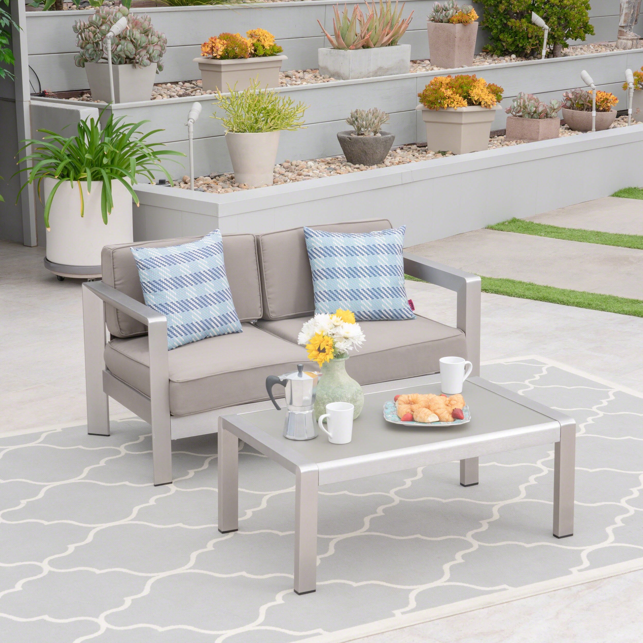 Trevor Outdoor Aluminum Loveseat and Tempered Glass-Topped Coffee Table, Silver, Khaki