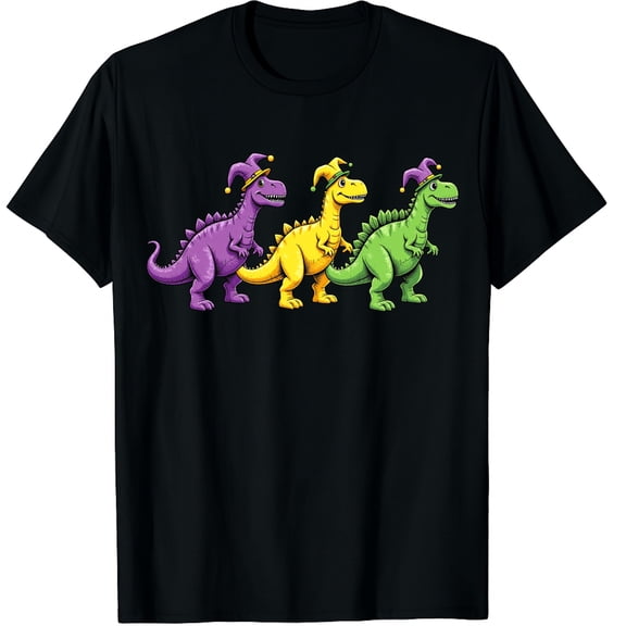 Trex Dinos Purple Yellow Green Mardi Gras Graphic Black T-Shirt for Men and Women