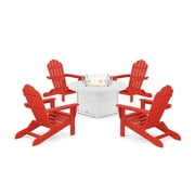 Trex Outdoor Furniture 5-Piece Monterey Bay Folding Adirondack Conversation Set with Fire Pit Table in Sunset Red