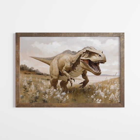 Trex Walking in Wildflower Field Dinosaur Vintage Landscape Art Jurassic