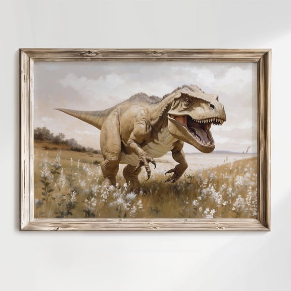 Trex Walking in Wildflower Field Dinosaur Vintage Landscape Jurassic Art, UNFRAMED Size 24x24