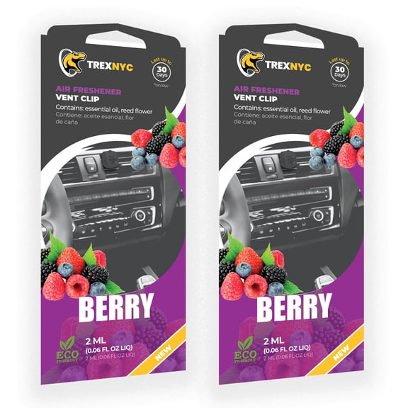 TrexNYC Car Air Fresheners Vent Clips, Essential Car Odor Eliminator, Perfect Scented Car Accessories, For Long Lasting Fragrance up to 240 days, Berry Scent, 0.07 FL.OZ, 2 Packs