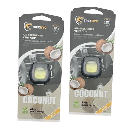TrexNYC Car Air Fresheners Vent Clips, Essential Car Odor Eliminator, Perfect Scented Car Accessories, For Long Lasting Fragrance up to 240 days, Coconut Scent, 0.07 FL.OZ, 2 Packs