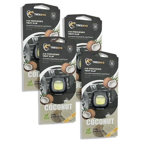 TrexNYC Car Air Fresheners Vent Clips, Essential Car Odor Eliminator, Perfect Scented Car Accessories, For Long Lasting Fragrance up to 240 days, Coconut Scent, 0.07 FL.OZ, 4 Packs