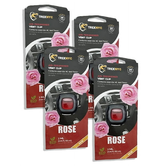 TrexNYC Car Air Fresheners Vent Clips, Essential Car Odor Eliminator, Perfect Scented Car Accessories, For Long Lasting Fragrance up to 240 days, Rose Scent, 0.07 FL.OZ, 4 Packs