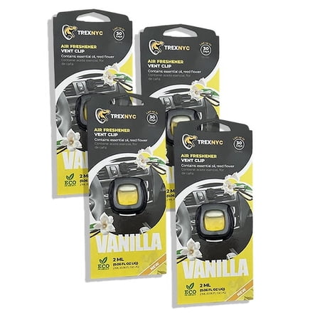 TrexNYC Car Air Fresheners Vent Clips, Essential Car Odor Eliminator, Perfect Scented Car Accessories, For Long Lasting Fragrance up to 240 days, Vanilla Scent, 0.07 FL.OZ, 4 Packs