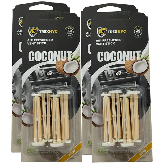 TrexNYC Car Air Fresheners Vent Sticks, Essential Car Odor Eliminator, For Long Lasting Fragrance up to 30 days, Coconut, 4 Packs