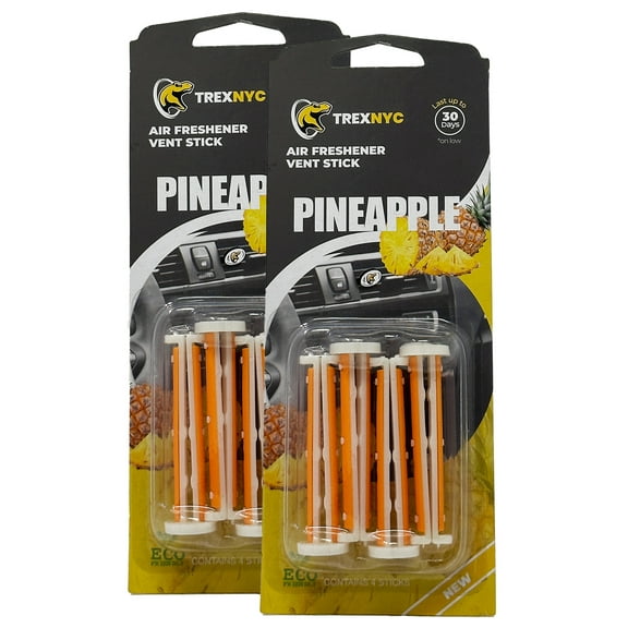 TrexNYC Car Air Fresheners Vent Sticks, Essential Car Odor Eliminator, For Long Lasting Fragrance up to 30 days, Pineapple, 2 Packs