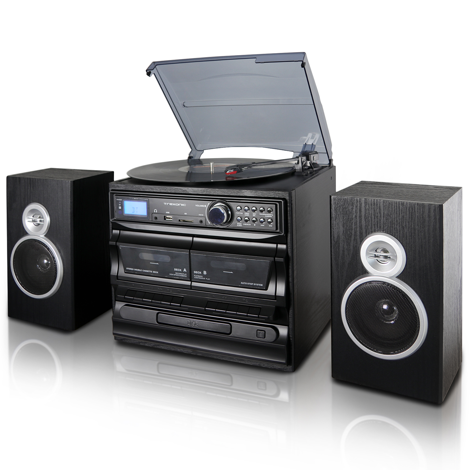 Trexonic 3-Speed Turntable with CD Player, Dual Cassette Player, BT, FM Radio & USB/SD Recording and Wired Shelf Speakers - image 1 of 7