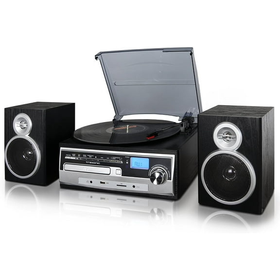 Trexonic 3-Speed Vinyl Turntable Home Stereo System with CD Player, FM Radio, Bluetooth, USB/SD Recording and Wired Shelf Speakers