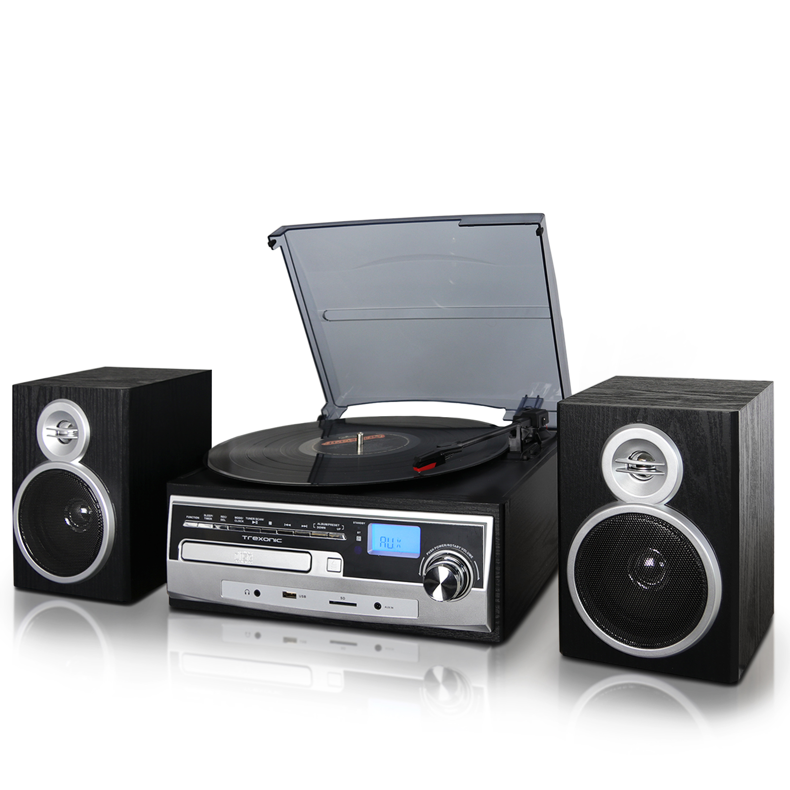 Trexonic 3-Speed Vinyl Turntable Home Stereo System with CD Player, FM Radio, Bluetooth, USB/SD Recording and Wired Shelf Speakers - image 1 of 3