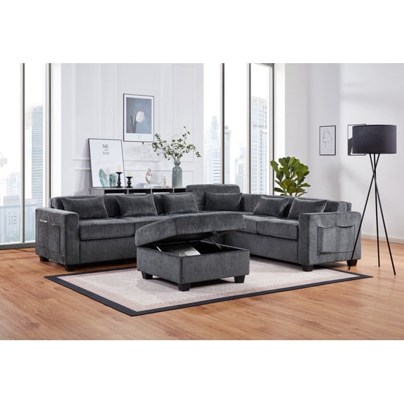 Trey 115" Gray Chenille Sectional-Adjustable Backrest+USB Ports+ Storage Ottoman