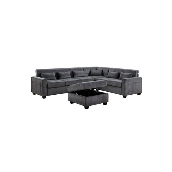 Trey 115" Gray Chenille Sectional-Adjustable Backrest+USB Ports+ Storage Ottoman