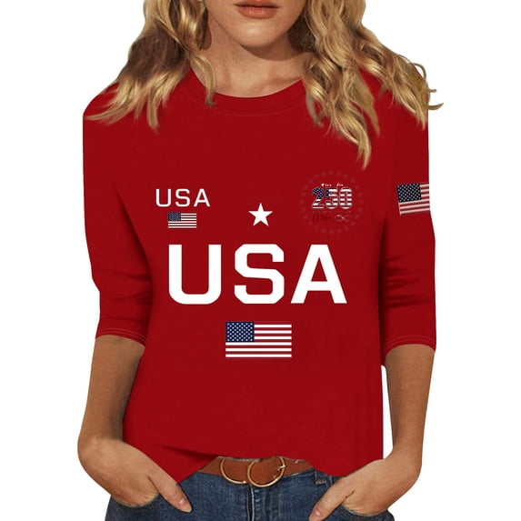 Trgacdwlo 1776-2026 250th Anniversary USA Shirt American Flag 3/4 Sleeve Patriotic Shirts for Women Freedom Tee
