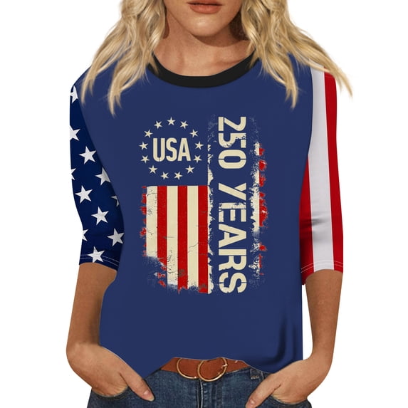 Trgacdwlo 1776-2026 250th Anniversary USA Shirt Flag Stars Print 4th of July Shirts for Women Patriotic Independence Day Red White and Blue Women's Graphic T Shirts Blue L