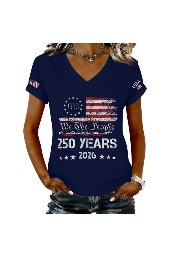 1776-2026 250th Anniversary Women's Shirt Stars Stripes 4th of July Shirts Women V Neck Patriotic Womens T Shirts