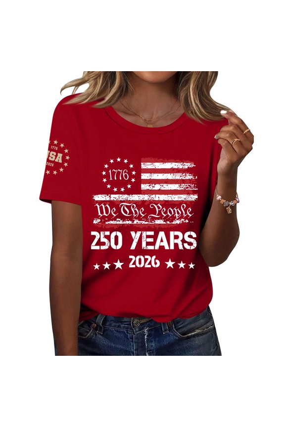 1776-2026 Flag Print America 250 Tshirt Independence Day 4th of July Outfits for Women Patriotic Women's Short Sleeve Tunic Tops
