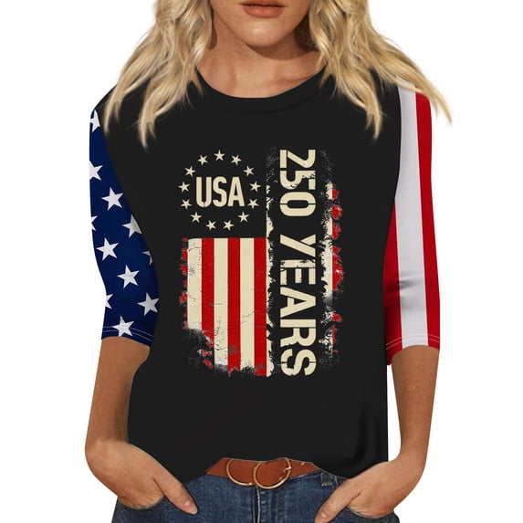 Trgacdwlo 1776-2026 Women's 250th Anniversary 3/4 Sleeve Womens July 4th Tops USA Flag Summer Freedom Women Tops Black XXL