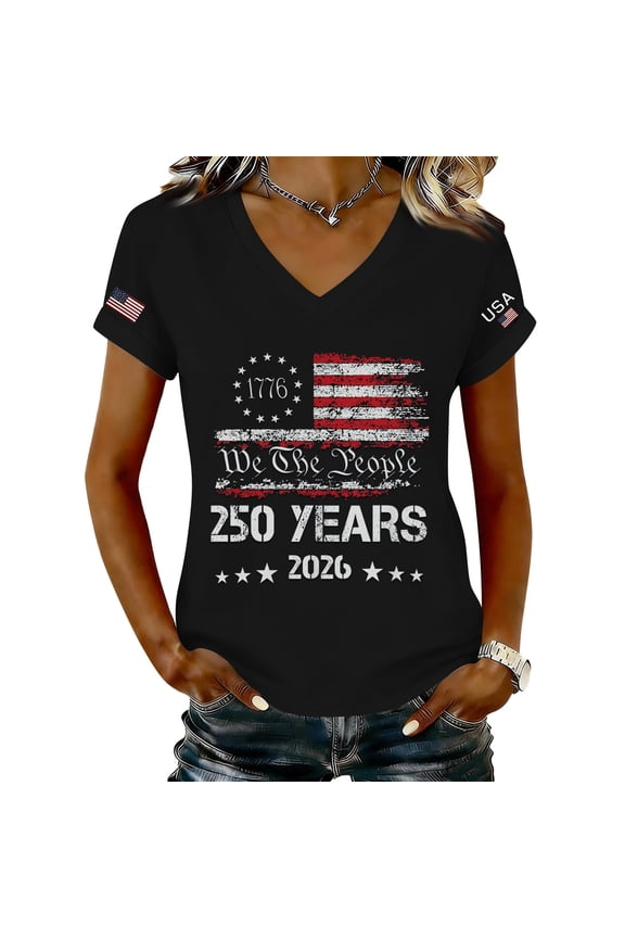 1776-2026 Women's 250th Anniversary Shirt Stars Stripes 4th of July Shirts Women V Neck Patriotic Top for Women