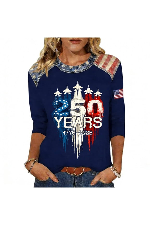 1776-2026 Women's USA 250th Anniversary Shirt Quarter Sleeve Womens July 4th Tops USA Flag Patchwork Tops for Women