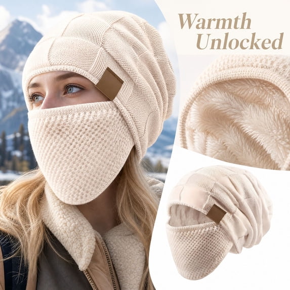 Trgacdwlo 2‑in‑1 Fleece Lined Balaclava Knit Beanie Hat Unisex Warm Windproof Skull Cap with Face Mask Thermal Hat Fall Winter Outdoor Cycling Hiking Snow Sports Beige
