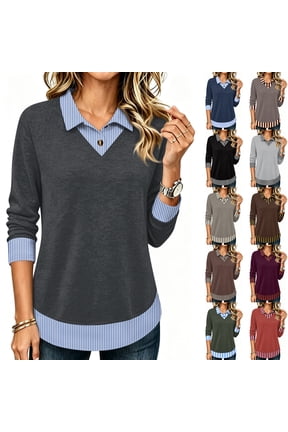 2-in-1 Polo Shirt Women Striped Patchwork Fake Two Piece Womens Long Sleeve Tops Collared V Neck Women's Tunics Dressy Casual Fall Teachers Outfits