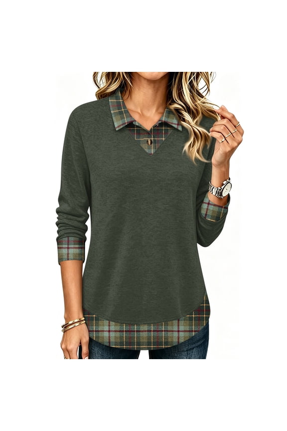 2-in-1 Women's Polo Shirts Plaid Patchwork Fake Two Piece Long Sleeve Shirts Women Collared V Neck Tunic Tops for Women Dressy Casual Fall Teachers Outfits