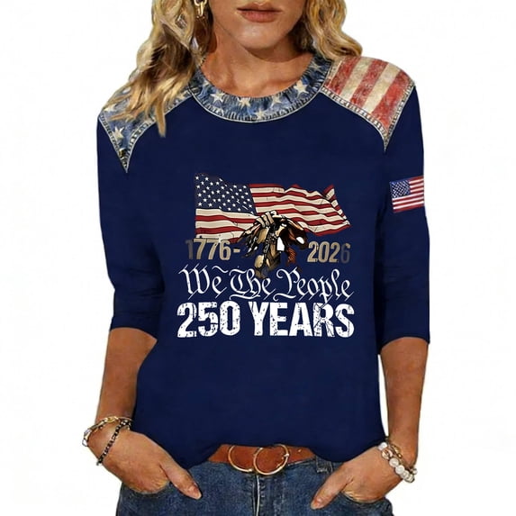 Trgacdwlo 250 Anniversary Shirt 1776-2026 Flag Print 3/4 Sleeves Tops for Women Commemorative Red White and Blue 4th of July Shirts Women XXL