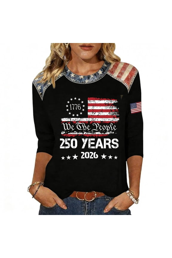 250 Anniversary Shirts 1776-2026 Flag Print Womens 3/4 Sleeve Tops Independence Day Red White and Blue 4th of July Womens Shirts XXL