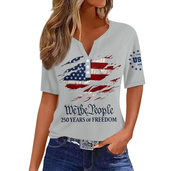 Trgacdwlo 250th Anniversary USA Shirt Short Sleeve Shirt Women Button V Neck Flag Print Patriotic 4th of July Women's Graphic T-Shirts Gray XXXL