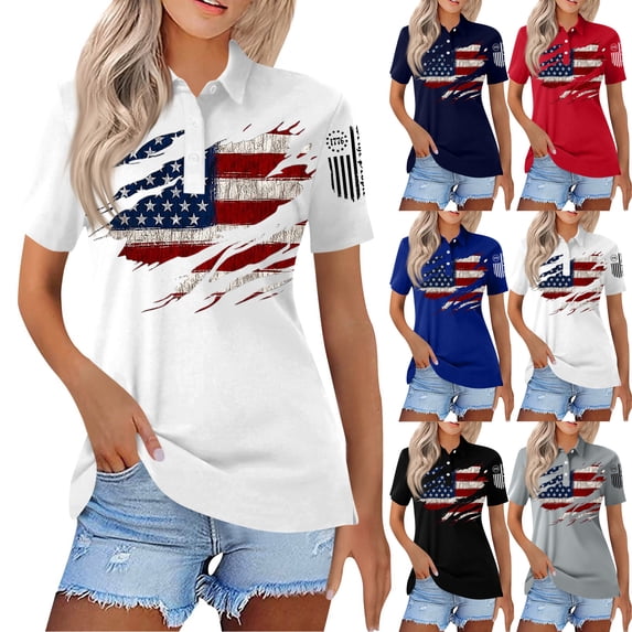 Trgacdwlo 4th of July Polo Shirt Women Button Collared Womens Shirts Stars Stripes Short Sleeve Golf Shirt Women