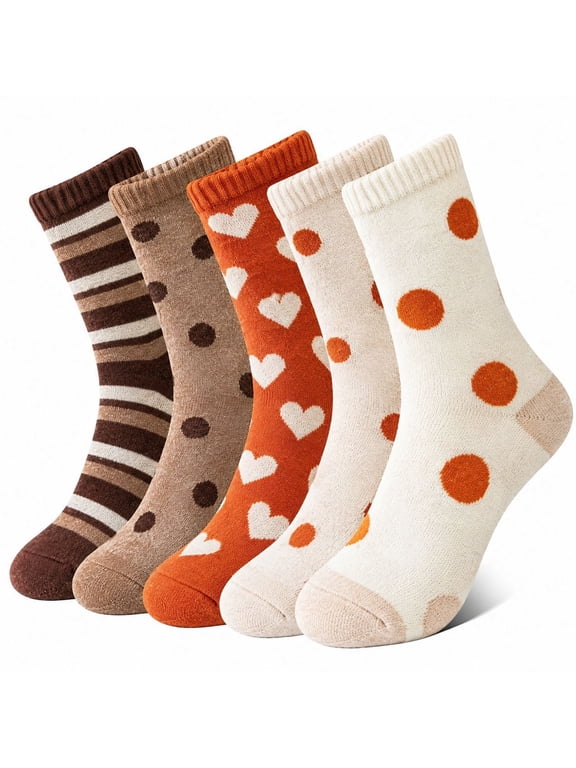 5 Pack Women Knit Crew Socks Fall Stylish Printed Mid Calf Socks With Fuzzy Lined Interior Soft Warm Casual Fashion Socks For Daily Wear & Gifting
