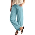 thumbnail image 1 of Trgacdwlo Blue Lounge Pants Women Wide Leg Cropped Pants for Women Elastic Waist Drawstring Beach Vacation Linen Pants Women with Pocket, 1 of 4