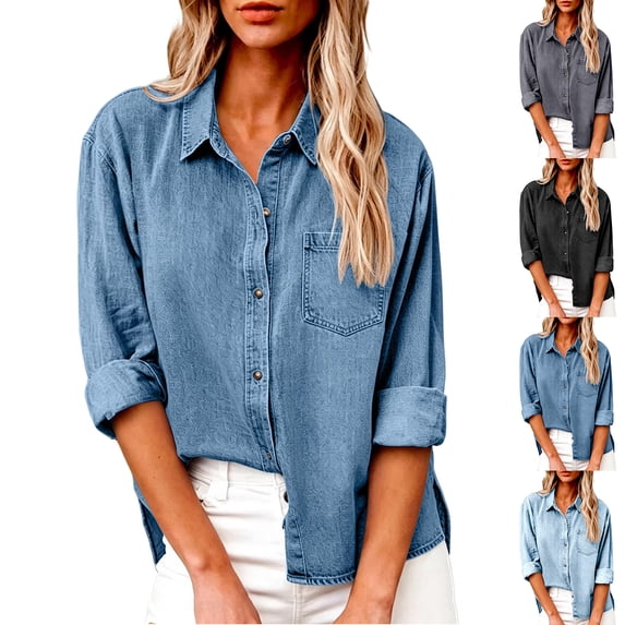 Trgacdwlo Button Down Denim Shirts for Women Vintage Collared Long Sleeve Shirt Women with Pocket Jean Blouses for Women Dressy Casual