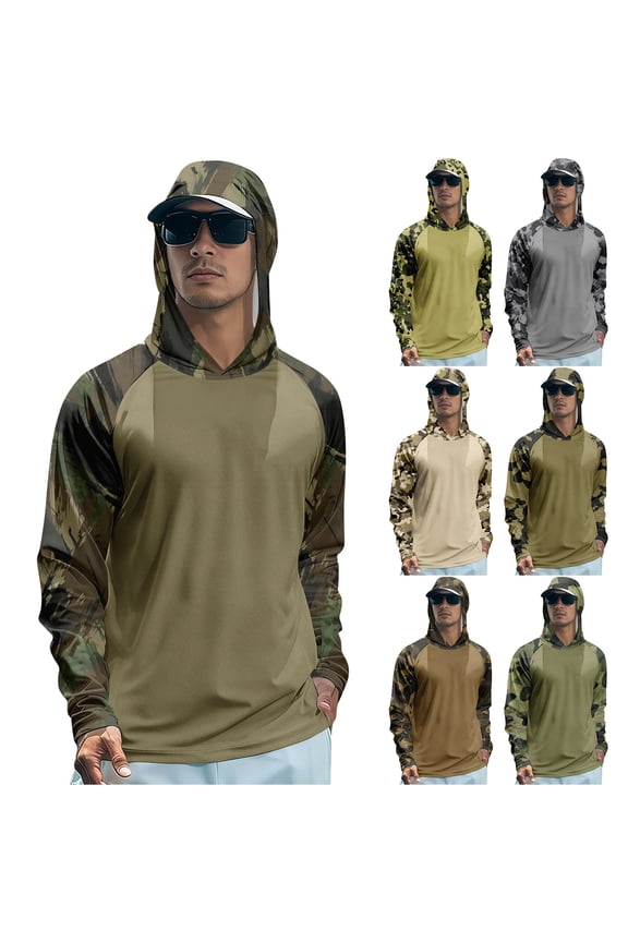 Camo Men's Sun Protection Hoodie Shirts UPF 50+ Raglan Long Sleeve Rash Guard Men Hiking Running Mens Fishing Shirt