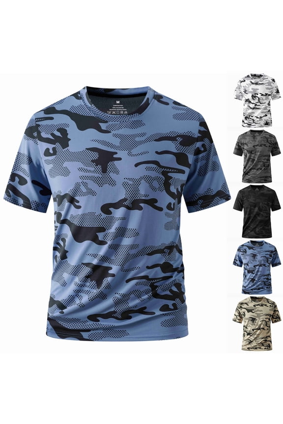 Camouflage Mens Quick Dry Shirts Cooling Breathable Men's Short Sleeve Shirts Summer Muscle Athletic Gym T-Shirts Blue S
