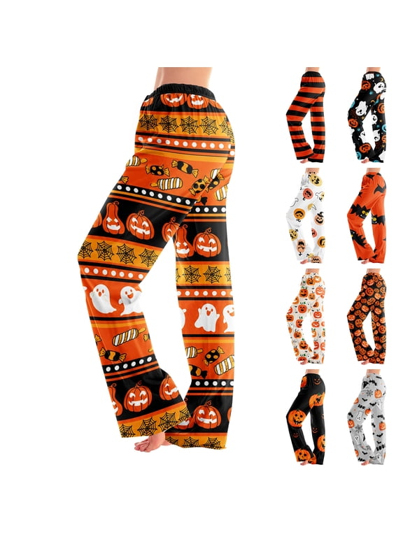Cat Pumpkin Print Womens Pajama Pants Fall Halloween Pajamas Women Pants Spooky Season Elastic Waist Sleep Pants Women
