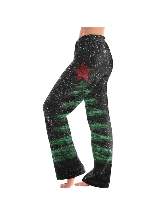 Christmas Flannel Pj Pants for Women Fall Winter Xmas Tree Print Womens Fleece Pajama Bottoms Soft Cozy Xmas Fuzzy Sleepwear Wide Leg Lounge Pants Women